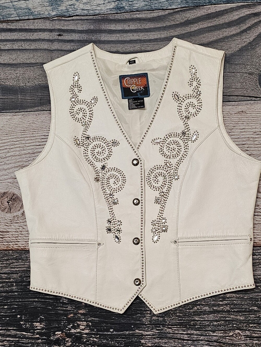 Vintage Cripple Creek Leather Vest Metal Stud & Rhinestone Embellished Large
